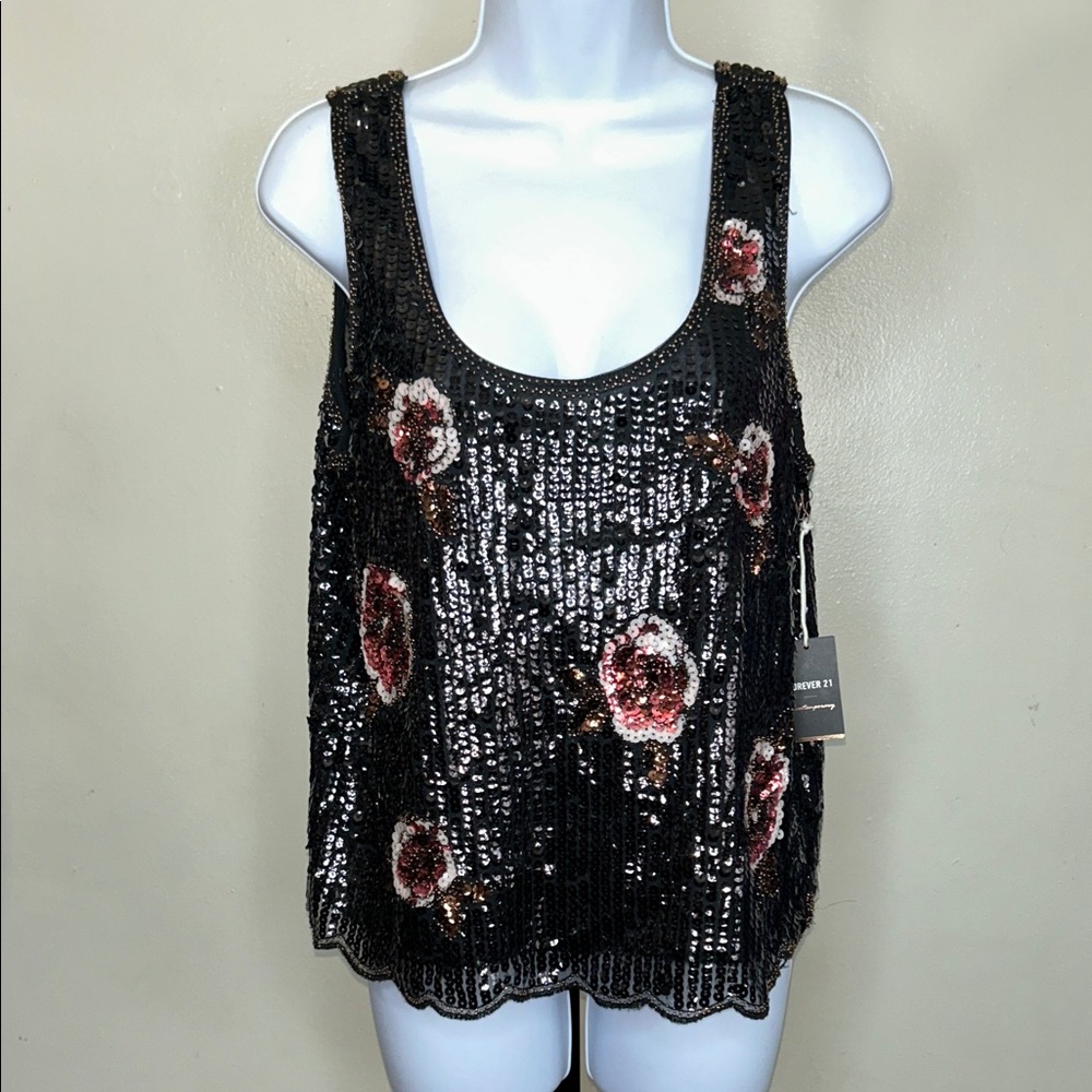 Forever 21 Black Sequin Floral Tank Top